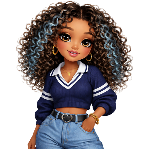 An aesthetic girl with really curly hair with light blue highlights and body tea wearing blue baggy jeans and a dark blue white collar v neck shirt