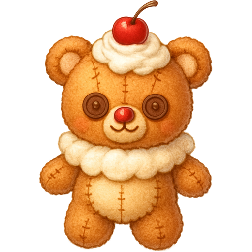 A cute root beer float themed bear clown voodoo doll with whipped cream and a maraschino cherry with cute matching button eyes and bright root beer brown stitching with the cutest fluffy outfit that looks like a root beer float