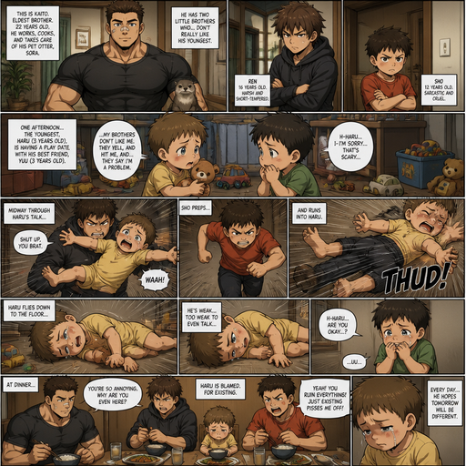 A DETAILED AND LIFELIKEshow everything Long and detailed anime Comic Book story view of a Bulky but Muscular ANIME Cute Bara Man With Peach toned skin Who looks Normal aind round facial Structure and Basic facial structure With Puffy and Big Pecs that are visible through the shirt and Biceps and Bandaid on his nose and Brown short hair that makes them look tough. Wearing normal With his pet Grown and healthy realistic otter and 2 little brothers that despises the baby and the baby knows and baby that are in different ages but young. At the house, the baby is with his best friend baby on a play date and the baby tells the baby‘s best friend that he isn’t favored by the brothers and the baby‘s best friend is scared and the brother‘s hate the baby. And midway through the baby‘s talking ONE OF THE brothers is holding the baby still in one spot with the baby spread out like a starfish In the AIR and the Other brother preps and the runs into the baby. And the Baby flies down to the floor on its side and is weak. and doesn‘t have enough energy to talk back to the friend and is weak and At dinner the baby is golden by the brothers for existing.