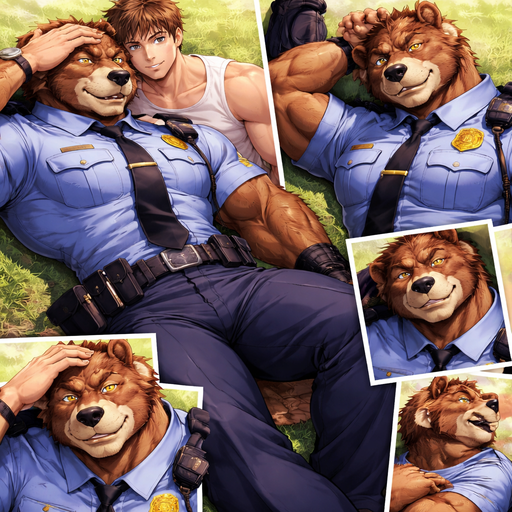 A Anime Full Body and Face of a Muscular and Buff with Gigantic Pecs AND biceps. VERY Masculine and handsome Bara Furry Grizzly Bear with a Very Good-looking Face and brown eyes and Detailed face with a wrestler type bod that is Hunky and Chunky. Buttoned up in a Police Uniform. Laying down on a grass looking up. Leaning on a Guy. And the Guy rubbing his head