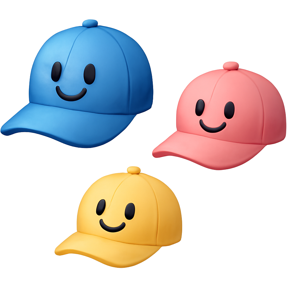 Three cute baseball caps of different colours and different sizes in random arrangement with smiley faces on them