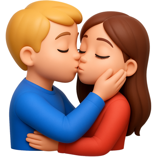 A boy with blonde hair and blue eye color is kissing his girlfriend with brown long hair,long lashes and green eye color, the boy hugs his girlfriend and her hand is on his cheek, and his hands are on her back, the boy is bigger and they have both eyes closed