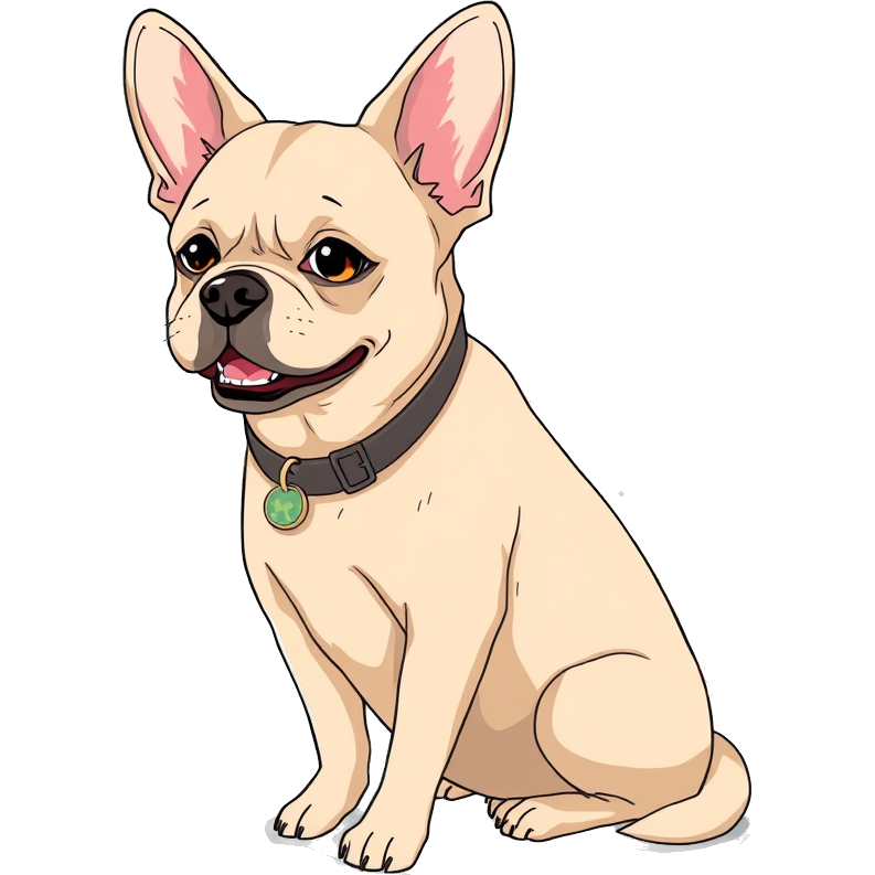 Please create a light beige French mixed dog with a collar and tag named Cookie, in a place with flowers and a forest.