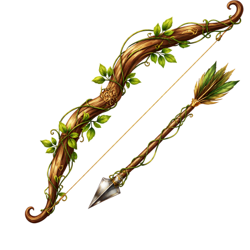 Ultra-realistic, highly detailed fantasy bow and arrow, elegant and slightly curved, with natural wood texture and subtle magical engravings. Lush green leaves and delicate vines twist and wrap organically around the bow and the arrow shaft, giving it a living, enchanted feel. The arrowhead gleams subtly with metallic highlights. Studio lighting emphasizes the textures of the wood, leaves, and vines, casting realistic shadows and creating depth