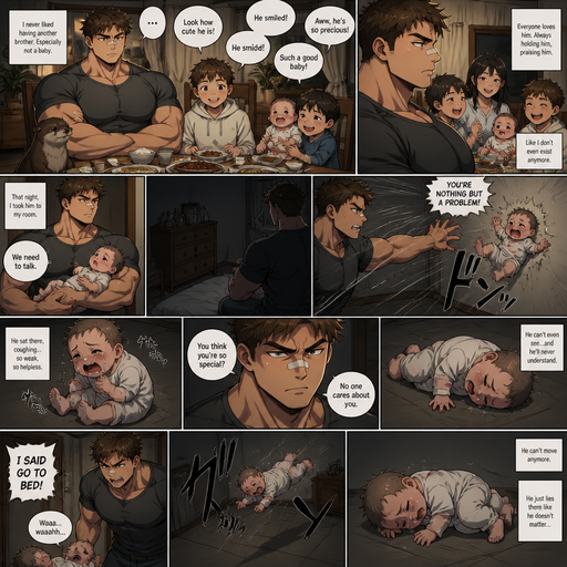 A DETAILED AND LIFELIKE ANIME LONG ANIME COMIC BOOK story view of a Bulky but Muscular ANIME Cute Bara Man With Peach toned skin Who looks Normal aind round facial Structure and Basic facial structure With Puffy and Big Pecs that are visible through the shirt and Biceps and Bandaid on his nose and Brown short hair that makes them look tough. Wearing normal With his pet Grown and healthy realistic otter and 2 little brothers that are in different ages but young. But didn‘t like the baby, but At the dinner table the baby was loved by the family. so the little baby is taken to his room alone so he picks the little baby and takes him to his room alone and the baby brother fly’s to the wall from him and cries but is to weak and blind to see he isn’t loved by the brother and the baby brother sits up coughing.and later the baby is laying in the same spot and he scolds the baby for not going to bed the baby flies to the floor and lays there and Can’t.