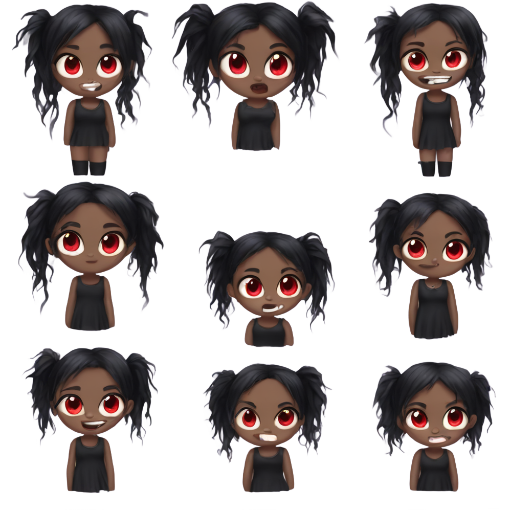 Girl, vampire, black hair, messy pig tails with micro bangs, emo, african american skin, red eyes, visable fangs,cute,full body