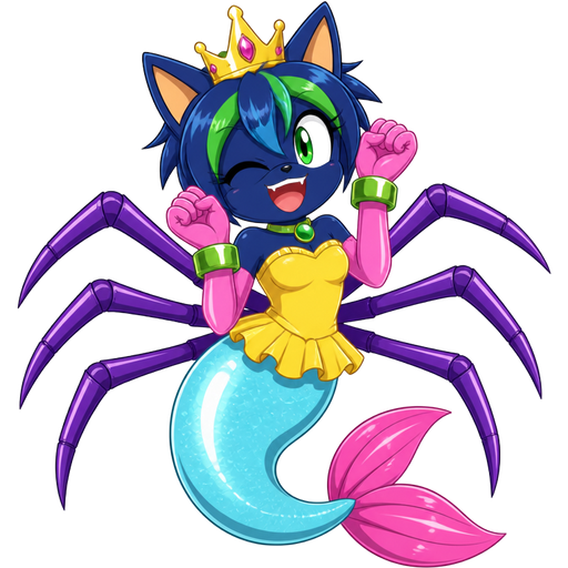 smiling dark blue boy cat furry with green and blue hair wearing golden crown green braclets attached to pink long rubber gloves yellow dress tucked in a light cyan mermaid tail with white highlights with pink tail fins with six purple spider legs (sonic x anime)