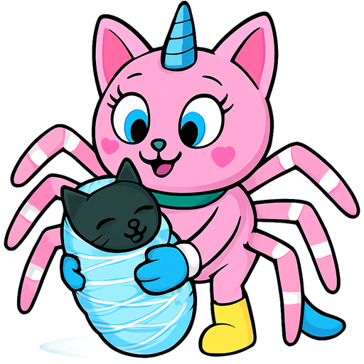 giant pink cat spider hybrid with blue unicorn horn green collar blue eyes with eyelashes heart shaped cheeks white wrists blue gloves white ankles yellow boots blue tail and with white stripe pink spider legs happy hugging #B8FFFF cocoon slikworm cocooned pod black cat happy covered with #B8FFFF huge coating of #B8FFFF spider slik and huge #B8FFFF spider slik wrappings and huge #B8FFFF spider slik webbing wrappings cocoon #B8FFFF