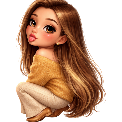 side view looking over shoulder blowing a raspberry with hair completely swept over shoulder: semi-realistic soft cartoon luxury glam, mini plush Bratz-doll aesthetic, cinematic glow, crisp clean detail, glossy glam skin. brown eyed Petite 5ft girl, fair skin with soft freckles, wide face with tall forehead, honey-brown almond wide-set upturned eyes, fluttery lashes, shimmer highlight, plush lips, bottom heavy lip, sweet Belle-princess vibe, long straight brunette hair with visible light blonde highlights, side-part hair all swept to the side over shoulder softly defined feminine body, full round bust, wearing oversized brushed knit sweater in warm honey gold with slouchy shoulders, ribbed knit flared pants in soft oatmeal, ballet flats in caramel leather. Cozy romantic glow, soft warm lighting, pop-princess energy