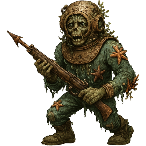zombie holding a rusty harpoon gun with old diving suit covered with starfish and corals broken diving helmet covered with barnacles and seaweed torn up boots with legs shown