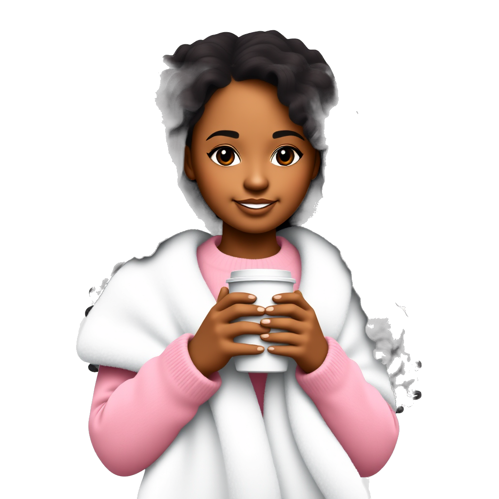 A brown skin girl with long curly hair, pink long sleeve with a cute white blanket over it holding a coffe.