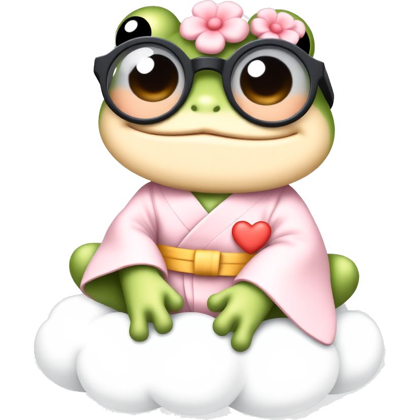 "Chubby kawaii frog wearing a pastel-colored cherry blossom kimono, oversized round glasses adorned with tiny hearts, and sitting on a soft marshmallow cloud, surrounded by floating starry sparkles and adorable tiny butterflies, all radiating happiness!"