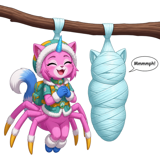happy anthro girl pink cat drider with blue and white tail white wrists blue hands white ankles yellow tips on spider legs green collar blue unicorn horn wearing everest's hat clothing with backpack I wrapped you in a cozy and snugly cocoon next to wrapped up and mummified fully covered in a #B8FFFF spider slik cocoon shaped like furry cat boy kid anthro arms behind back with #B8FFFF spider slik wrappings completely covered with thick layers non-transparent #B8FFFF spider slik wrappings Mmmmph! hanged to the branch
