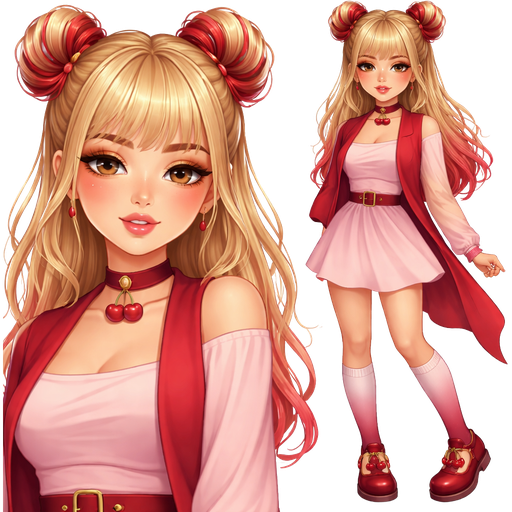 Cherry Streusel with a Fair-Light Warm Golden Natural Skin Tone with a Light Red Lip Gloss Finish with a Soft Orange Eyeshadow with a Thick Eyebrow Shape and a Almond Eye Shape with a Rectangular Face Shape With Blonde Hair Including Bangs With Red Highlighted Streaks in Two Rolled Up Buns Hairstyles Wearing Choker in Maroon Red with a Cherry on it Wearing a Short Pastel Pink With a Red Vest Flowing to One side with Ombré Red and White Socks Wearing Close-Toe Maroon Red Buckle Shoes With a Cherry on One Side Also Wearing a Maroon Red Belt with a Light Red Buckle as a Mature Adult Toned Build and a Cinematic Feature with Vivid and Distinct Features