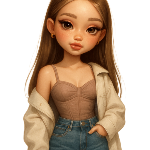 semi-realistic soft cartoon luxury glam, mini plush Bratz-doll aesthetic, cinematic glow, crisp clean detail, glossy glam skin. brown eyed skinny Petite girl, fair skin with soft freckles, wide face with tall forehead, honey-brown almond wide-set upturned eyes, fluttery lashes, shimmer highlight, plush lips, bottom heavy lip, sweet Belle-princess vibe, long straight brunette hair with visible blonde highlights, softly defined feminine body, soft hourglass shape with full round bust, greyish-coral ruched bustier top tucked into mid-rise mom jeans, oversized long ivory denim jacket half slipped down one shoulder, cream pointed-toe booties, small gold hoops, nude glossy lips, hair styled middle-parted tucked behind one ear, warm champagne highlight on cheekbones. Cozy romantic glow, soft warm lighting, pop-princess energy