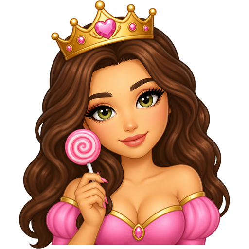 Light skin Brunette women sexy hazel green eyes eyelashes wavy long hair with crown and pink princess top holding a Lollipop