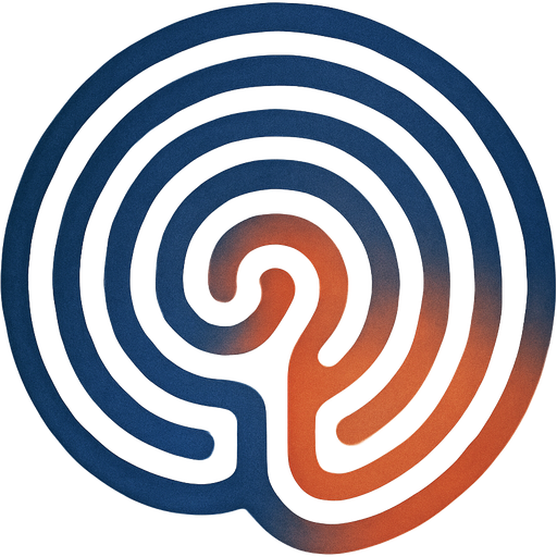 A simple, graceful spiral or labyrinth. The outer path is dark blue, gradually shifting to terracotta towards the center. White background. Symbolizes the therapeutic journey and transformation.