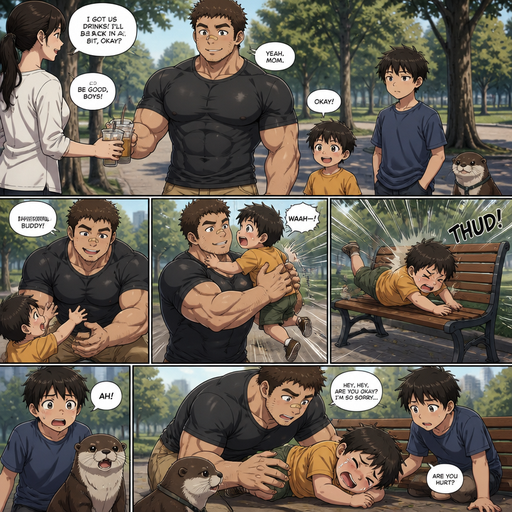 A DETAILED AND LIFELIKE ANIME Comic Book story view of a Bulky but Muscular ANIME Cute Bara Man With Peach toned skin Who looks Normal aind round facial Structure and Basic facial structure With Puffy and Big Pecs that are visible through the shirt and Biceps and Bandaid on his nose and Brown short hair that makes them look tough. Wearing normal With his pet Grown and healthy realistic otter and 2 little brothers that are in different ages but young. At the park and there mom dropped them after getting drinks with them. And he doesn‘t youngest and. And picks up the Youngest And the youngest flies into a Bench everyting and lays on his Side crying