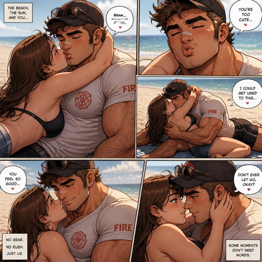 A REALISTIC AND LIFELIKE Comic Book long Story of a Bulky but Muscular ANIME Cute Bara Man With Peach toned skin Who looks Normal and a huge and Masculine round facial Structure and Basic facial structure With Puffy and Big Pecs that are visible through the shirt and Biceps and Bandaid on his nose and Brown Spiky hair and His Hair Curls At the tip of strands. Wearing a Fireman athletic shirt but no gear and short shorts with A Hat with glasses and has a Hairy body and looks very manly like a Dad but isn‘t one. and Attractive and Hot. And he makes Kissy faces At her and she lays on him and puts her arms around his neck and he Likes it at the Beach and They Cuddle close and There faces are close too.