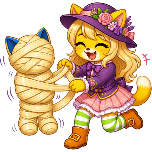 blue knight boy cat furry getting quickly wrapped up mummified by furry yellow cat anthro with purple eyes light blonde hair purple and pink florist hat and purple florist outfit green and white socks orange boots with buckles light pink skirt with light blonde hair 2 light blonde hair mummy shaped like blue knight cat furry completely covered with light blonde hair mummy then furry yellow cat anthro with purple eyes light blonde hair purple and pink florist hat and purple florist outfit green and white socks orange boots with buckles light pink skirt lets out an adorable giggling cartoon version