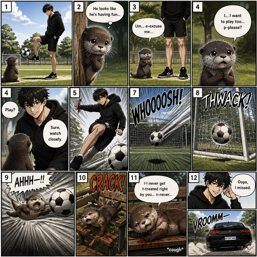 A comic book Picture by picture and shows every action of a A baby otter with and his male Cute and Handsome wearing a Black Hoodie and Shorts owner the owner playing with a soccer ball outside and then the otter goes up to him with hesitation and says he wants to play. But the owner and then kicks the ball in the goal and the otter and then the otter is flys back from the soccer ball and lands on a Bench and breaks it Red all over him And lays there and talks about how he never get treated right by the owner but he says it weakly and the owner says sarcastically oops I missed and the owner drives away