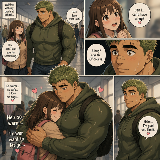 Comic book story about of a Tall and More lean and INTIMIDATING Frame that’s Bulky and Beefy and every Muscle is bigger than average and less shredded or muscular with Chunky and Bulky chest and Biceps and his defined abs ANIME Cute Bara Man American 20 year old with a ROUND and BASIC facial structure and Young Adult BARA CUTE that is Peach Toned skin not anything else MALE not to detailed With bigger than average Pecs that are visible through the shirt and Biceps and a big Bandaid on his nose. Wearing a no piercings Wearing a Hoodie and Jeans under around the waist with and pants pants and drenched in sweat and Short and Green Brown Hair and Bright Light Green fluffy Hair and Strait with brown eyes and black eyebrows with a Three finger Slash on his Eyebrow. With no Facial Hair. Walking with his crush at school she tells ask for a hug and he does and she loves it cause he’s warm