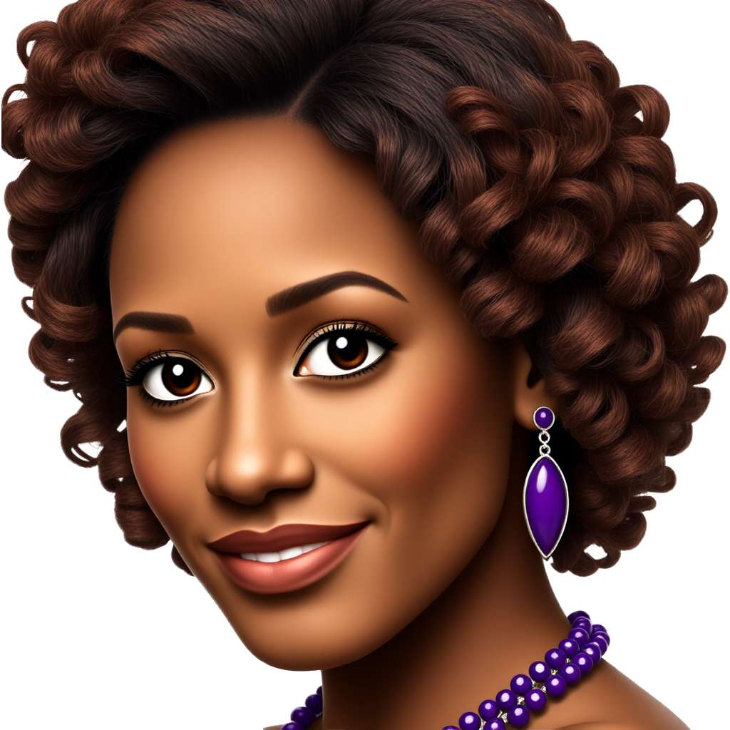 Black woman with shoulder length curly hairstyle. Auburn colored hair. wearing beautiful purple jewelry.