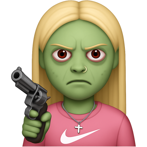 Uma menina zumbi com cabelos longos loiros e lisos Sem franja e sobrancelhas finas e loiras e olhos castanhos com Piercing no nariz (ponto de luz) com uma cara de brava com uma blusa da Nike rosa com o branco do olho levemente vermelho e um colar de prata de cruz no pescoço segurando um revólver