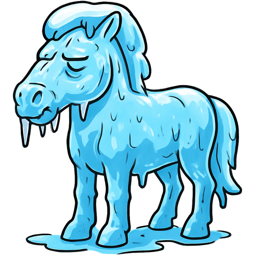 frozen frozen horse frozen head frozen in a huge thick coat of ice body frozen in a huge thin coat of ice arms frozen in a huge thick coat of ice legs frozen in a huge thick coat of ice tail frozen in a huge thick coat of ice face frozen in a thick coat of ice