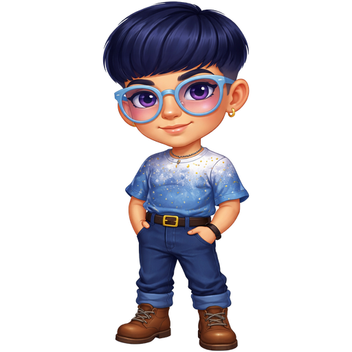 Everything Bagel With a Fair-Light Golden Natural Skin Tone and a Full Lip Shape with a Natural Eyebrow Shape and a Tapered Eye Shape with a Square Facial Structure and Dark Blue Bowl-Cut Hairstyle With Big Pastel Blue Rounded Glasses and Purple Eyes With a Marble Blue T-Shirt and The Top of His Shirt is Light Blue with a Printed Pattern of Gold Sprinkles With Dark Blue Denim Pants Wearing Brown Boots With a Mature Adult Balanced Structure and Luxury Glossy Setup
