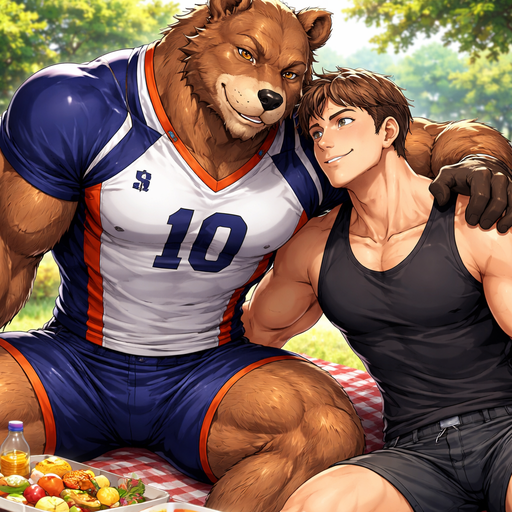 A Full BODY and FACE of a Muscular and Buff and a Gigantically Muscular with Chunky Gigantic Pecs AND biceps and a BIGGER head with the Perfect Waist. VERY Masculine and handsome ANIME Bara Furry Grizzly Bear with a VERY Good-looking and Mature Face and brown eyes with a wrestler type body. Wearing a Short Volleyball Jersey. with his buff human Crush. On a Picnic with him and Leaning close over him
