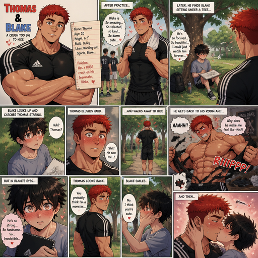 A Comic book story of a Bulky and muscular ANIME Cute Bara Man Who looks Normal and American with a round facial Structure and Basic facial structure With Big Pecs and Biceps and Bandaid on his nose. Wearing an Adidas Jersey and shorts with Scarlet Red hair and named Thomas with a Huge Crush on Blake. With Blake a Skinny and small Kid. One day After Practice found Blake under a tree drawing. And Blake Found Thomas Staring at him. And then Thomas Blushed Hard and Walked away to hide his face. and He Tenses up and rip his shirt. But in. Blake’s eyes Blake’s blushes cause he looks dreamy and irresistible. And Thomas looks back and Says you probably think I’m a Monster and Blake says no and holds his cheeks up and says I think your cute and Kisses him.