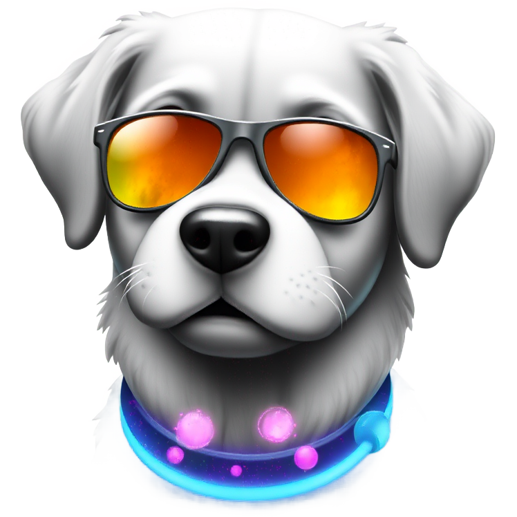Cosmic retriever adorned with glittering stardust, wearing astral sunglasses reflecting distant galaxies, wrapped in a luminescent collar that pulses with colors of the universe. Its fur glows softly, echoing the hues of a nebula, radiating a playful energy of an interstellar companion.