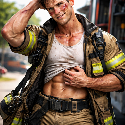 A Real Life Full Body Image of a Hunky and Muscular, Handsome and Masculine Fireman with Brown Spiked hair and Blue eyes and with Chunky Arms and Pecs and Very Stocky Body. Wearing Fireman Gear. Blushing hard with a Sunburn under his eyes. Tussling his hair at a Customer making her Blush with cuts and Bruises all over his face. Scratching something under his shirt