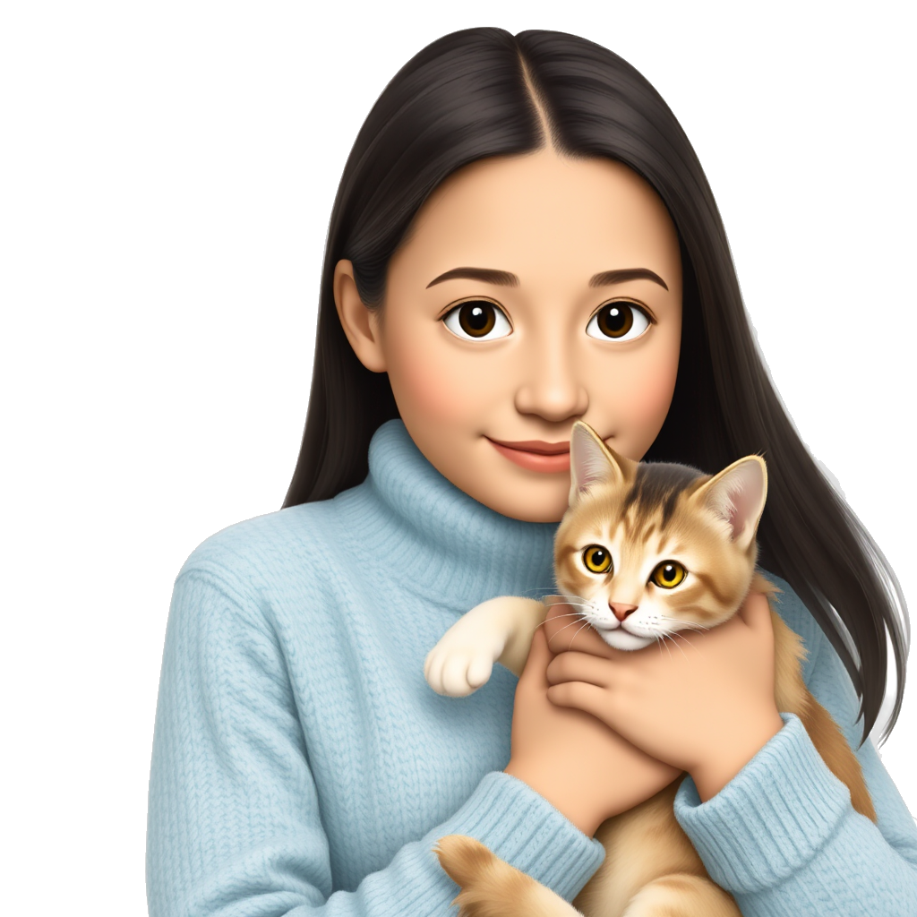 19 years old girl, holding a cat, waearing light-blue sweater, black eye, sand-tan skin, black-brown hair
