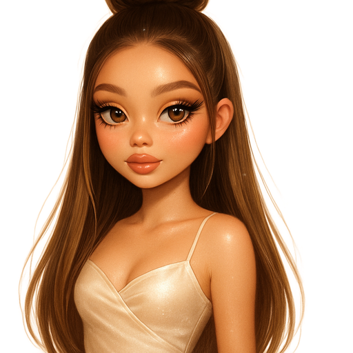 luxury glossy bratz-anime romantic aesthetic, warm cinematic glow, crisp clean detail, glossy glam skin. petite girl, warm soft-autumn tone, fair skin, honey-brown almond eyes, soft freckles, warm toasty glam makeup, glossy nude lips, flutter lashes, sweet Belle-princess vibe, long STRAIGHT brunette honey balayage hair with visible light honey blonde highlights, ivory satin top and blush wide-leg pants, high sleek bun, luminous peach highlight and clear gloss, pop-princess energy, shimmer highlight, sparkly glow