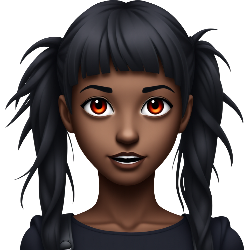 Girl, vampire, black hair, messy pig tails with micro bangs, emo, african american skin, red eyes, visable fangs