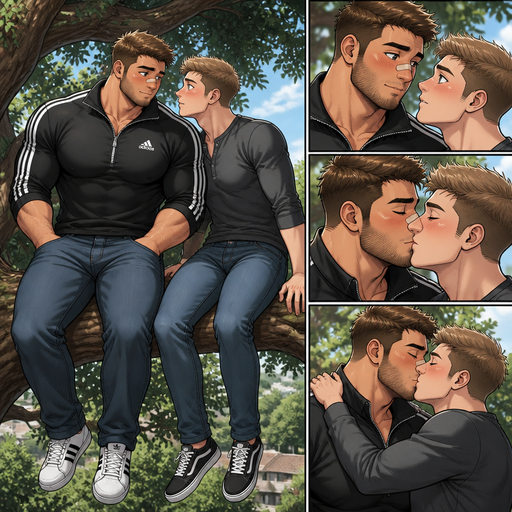 A Real life Full Body anime comic book view of a Chunky but Muscular and more Muscle than Fat ANIME Cute Bara Man Who looks Normal and American with a round facial Structure and Basic facial structure With Puffy and Big Pecs that are visible through the shirt and Biceps and Bandaid on his nose. Wearing an Adidas Soccer Quarter Zip and Jeans. Both Siting on tree with his Crush blushing Both blushing and and then kiss