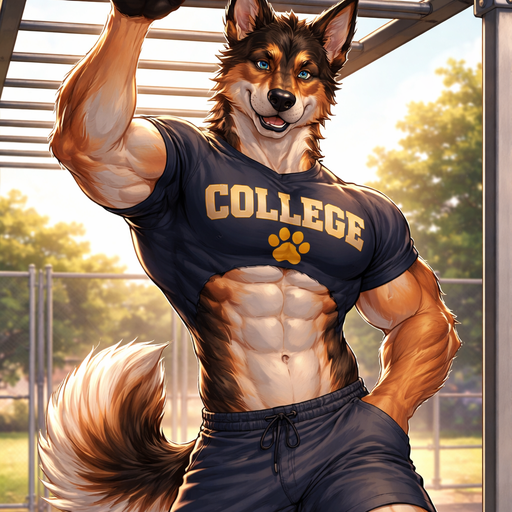 A Full Body and Facial Image of a Hunky and Chunky a Very Hot and Handsome German Shepard mixed with a Australian Shepard bara furry who is a Extremely muscular but not to muscular and Extremely Body defined features and Masculine and Handsome and Ginormous Arms and a Rounded Pecs very Short Strait Hair but tall and a little bit lean. Wearing a short sleeved College Spirit Shirt hanging on Monkey Bars with one hand
