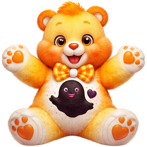 Ghosty Heart Care Bear with Orange, Yellow and White Ombré Pattern Fur with a Bow-Tie in the shape of two Candy Corns a Black Ghost with the Mouth and Eyes being Pink and Black Ears with a Smiling Dark Purple Heart next to it and Orange, Yellow and Maroon Purple Stars Surrounding it the Ghost’s Arms are going Outward in a Thrilled Expression with Orange tufts of Hair and a Orange Heart Nose with Orange Hearts on the Paws and feet having Orange Hearts at the Bottom the lower face is Orange the upper face is yellow the paws are both yellow and orange Ombré Part of the belly is orange and the other part is Yellow and the Feet are White with white Hearts Covering the pattern of the fur