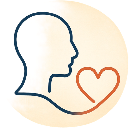 A simple line drawing connecting a dark blue outline of a head (mind) to a terracotta outline of a heart (body) with a single, continuous line. Beige background. Represents the mind-body connection.