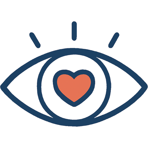A schematic eye in white with a dark blue outline. Its gaze is soft, and instead of a pupil, it has a small terracotta heart. Beige background. Represents witnessing with compassion.