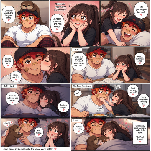 A Full page Anime Comic book story about of a masculine and Bulky ANIME Cute Bara Man American 20 year old with a ROUND and BASIC facial structure and TENAGE BARA CUTE MALE not to detailed With bigger than average Chunky Beefcake Pecs that are visible through the shirt and Chunky Beefycake Biceps and a big Bandaid on his nose and Left Cheek and Right Eye brow. Wearing a no piercings Baggy White shirt and pajamas pants and Red Hair and Bright Orange Hair Tips and Strait with brown eyes and black eyebrows and baseball hat. Sitting down looking up And Balances a Cute Young Otter on his head and Licking his lips and making his crush blush that had cuteness aggression against him cause his pet Otter plays with him and is cute. She laughs and she takes him down while they play fight. And she kisses him on the Cheek. And he teaches her some Math and they snuggle. And they wake up the next and go eat breakfast and she pinches his cheeks and says that he’s cute in the morning too. And the Otter comes and snuggles him