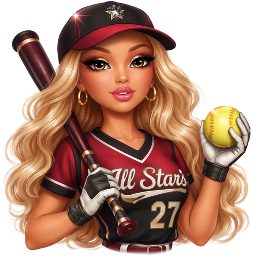 Bratz looking girl with a tan long eyelashes blonde curled hair with a softball uniform that is maroon and black that say all stars and is number 27