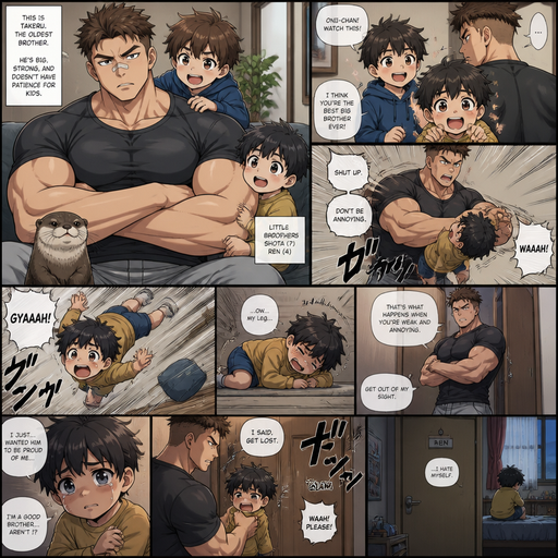 A DETAILED AND LIFELIKE ANIME Comic Book story view of a Bulky but Muscular ANIME Cute Bara Man With Peach toned skin Who looks Normal aind round facial Structure and Basic facial structure With Puffy and Big Pecs that are visible through the shirt and Biceps and Bandaid on his nose and Brown short hair that makes them look tough. Wearing normal With his pet Grown and healthy realistic otter and 2 little brothers that are in different ages but young. And he doesn‘t like them and big brother picks the little brother up and The little brother fly’s to the floor and limps away the little brother believes that he‘s A good person but when he tells him that he is pushed into his room