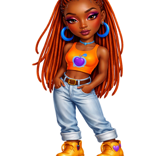 Cherry Crisp with a Dark-Deep Neutral Espresso Skin Tone with a Heavy Lower Lip Shape with a Fairy Set Eyelash Set Up with a Lost Cherry Purple Lipstick Look with a Magenta Purple Eyeshadow and a Natural Arched Eyebrow with a Protruding Eye Shape and a Triangle Face Shape Wearing Orange Long Faux Dreadlocks in a Half-Up-Half-Down Hairstyle Wearing Blue Bold Crescent Hoop Earrings Wearing a Blue Choker Necklace With a Bright Orange Cropped Top With a Print of a Purple Cherry with a Blue Speech Bubble in the Back of it with Light Blue Denim Jeans with it being rolled up at the ends Wearing Yellow Suede Laced Boots with a Printed Pattern of Two Purple Hearts on both Sides Wearing a Brown Belt With a Gold Buckle and A Mature Adult Toned Build with a Cinematic Radiance and Vivid with Distinct Features and High Visual Textures In a Soft Polished Shine