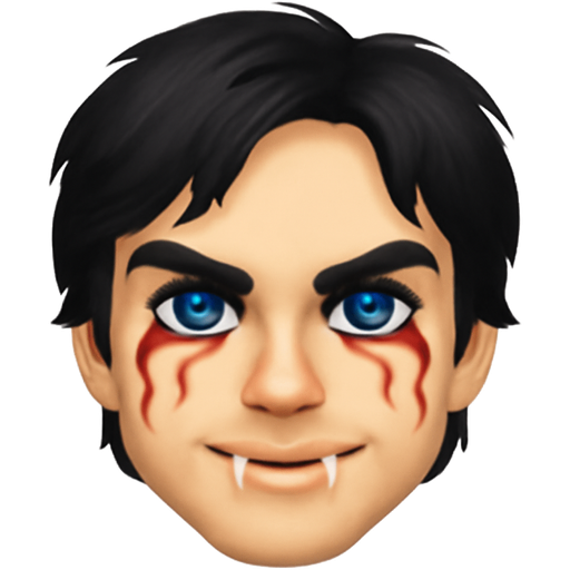 Damon Salvatore black hair blue eyes and he is soooo good looking with dark red lines under his eyes vampire face