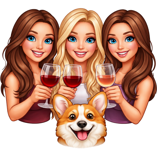 two brunettes with blue eyes and a blonde with blue eyes in the middle, they have glasses of wine in their hands and a corgi nearby