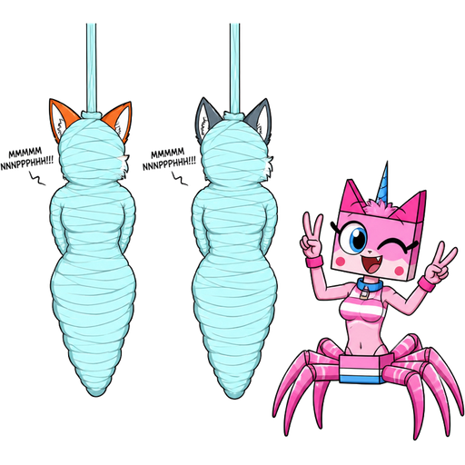 cartoon network version wrapped up and mummified fully covered in a #B8FFFF spider slik cocoon shaped like anthro female fox anthro arms behind back with #B8FFFF spider slik wrappings completely covered with thick layers non-transparent #B8FFFF spider slik wrappings hanged to the ceiling MMMMMNNNPPPHHH!!! on the left side next to wrapped up and mummified fully covered in a #B8FFFF spider slik cocoon shaped like anthro female wolf anthro arms behind back with #B8FFFF spider slik wrappings completely covered with thick layers non-transparent #B8FFFF spider slik wrappings hanged to the ceiling MMMMMNNNPPPHHH!!! on the left side next to happy anthro femboy pink cat drider doing victory sign based on unikitty