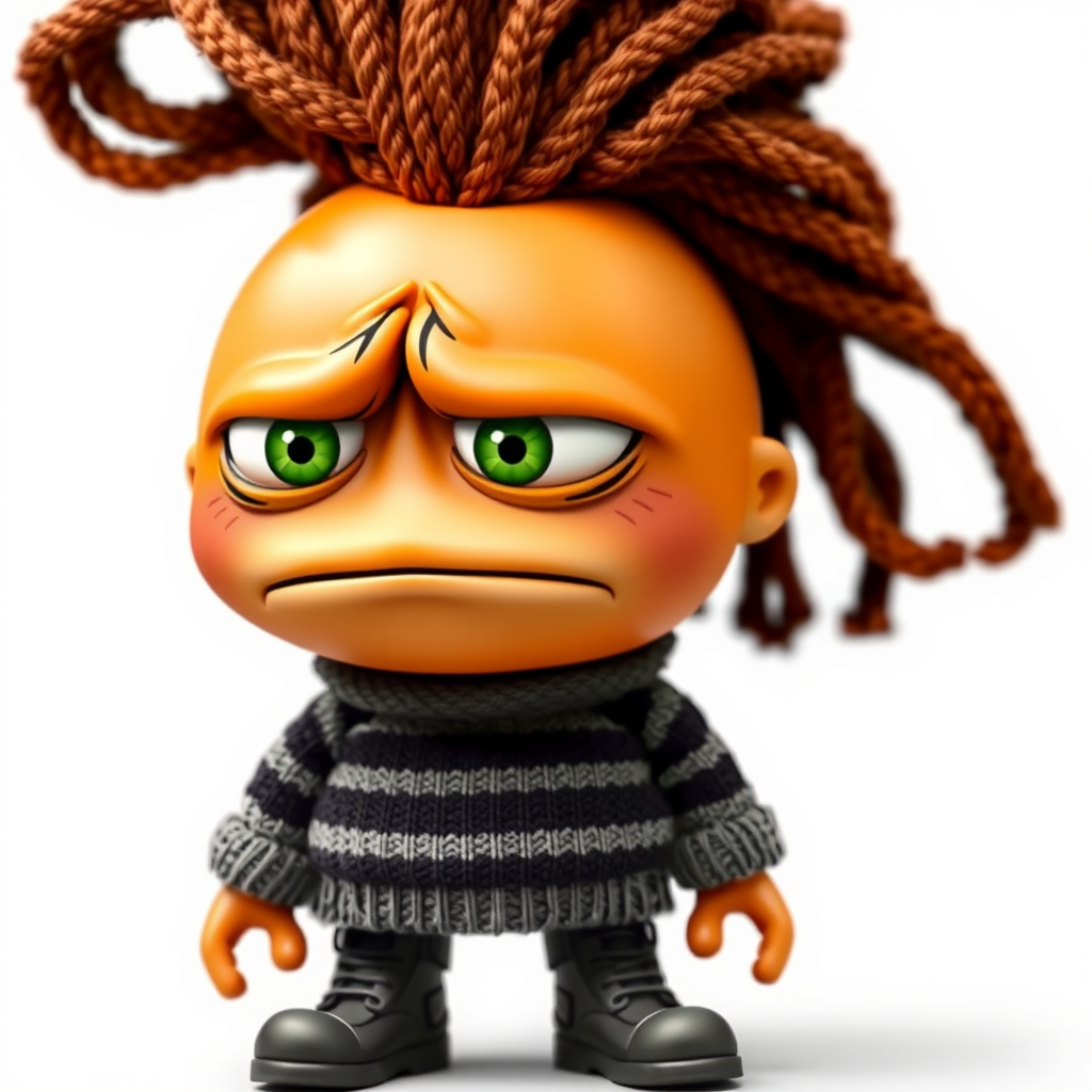 Anxiety appears as an orange emotion with a stretched-like frog face, small thick auburn eyebrows and dilated jade green eyes, roundly spaced teeth, and a volcanic eruption-like yarn style updo of a darker shade of the same color. She wears an orange and off white-striped mock neck wool sweater, rust brown pants attached by a dark chocolate brown belt with a gold button-shaped buckle, and auburn tightly laced up military boots.